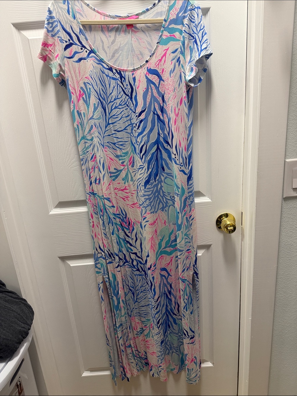 Lilly Pulitzer Scoop-Neck Maxi Dress in Blue, Pink Ocean life print